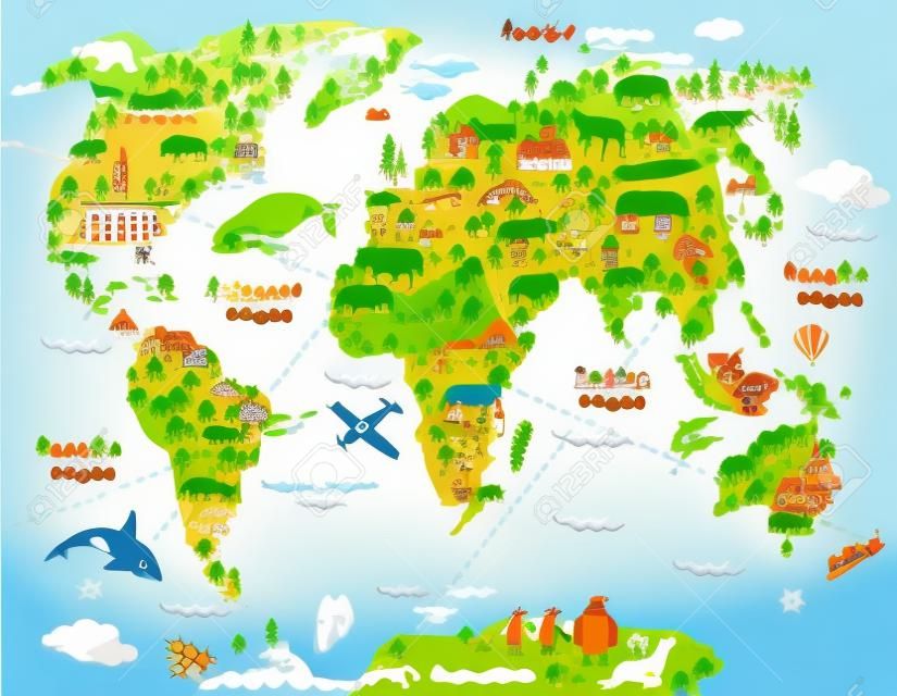 Cartoon world map with landscape and animal. Vector illustration.