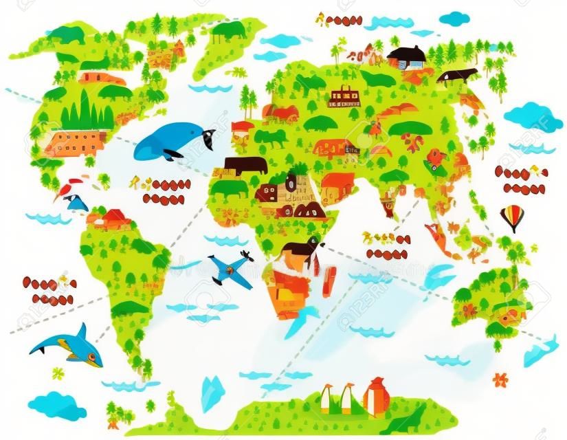 Cartoon wereldkaart met landschap en dier. Vector illustratie.