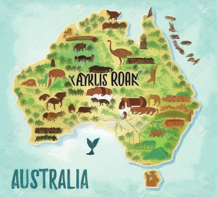 風景と動物とオーストラリアの地図。ベクトルの図。タイポグラフィ ポスター。