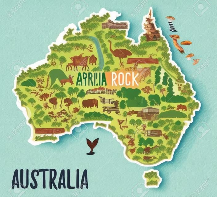 風景と動物とオーストラリアの地図。ベクトルの図。タイポグラフィ ポスター。