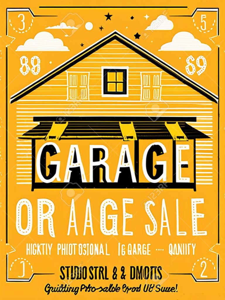 Garagem ou Yard Sale com sinais, caixa e utensílios domésticos. Cartaz ou modelo de banner imprimível vintage.