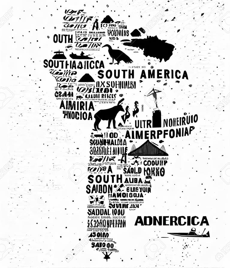 Tipográfia poszter. Dél-Amerika térkép. Dél-Amerika útikalauz.