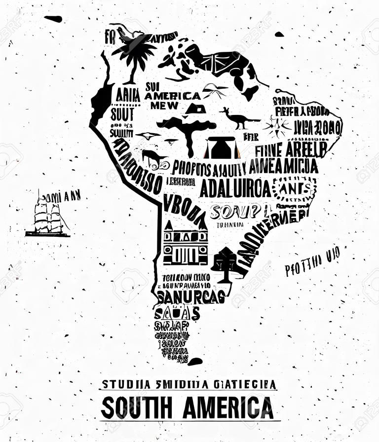 Tipográfia poszter. Dél-Amerika térkép. Dél-Amerika útikalauz.