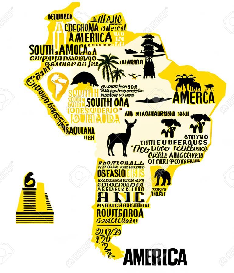 Cartaz de tipografia. Mapa da América do Sul. Guia de viagem da América do Sul.