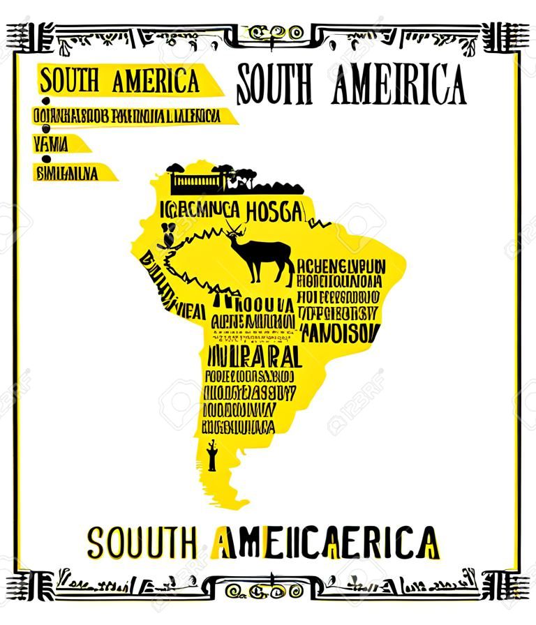 Tipografi posteri. Güney Amerika haritası. Güney Amerika seyahat rehberi.