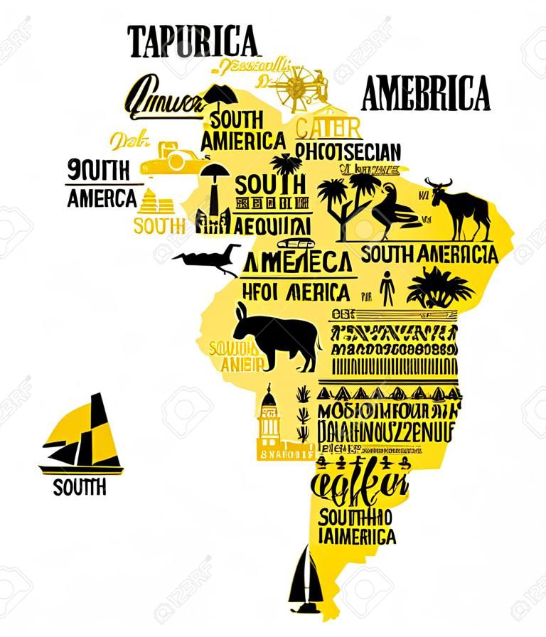 Tipografi posteri. Güney Amerika haritası. Güney Amerika seyahat rehberi.