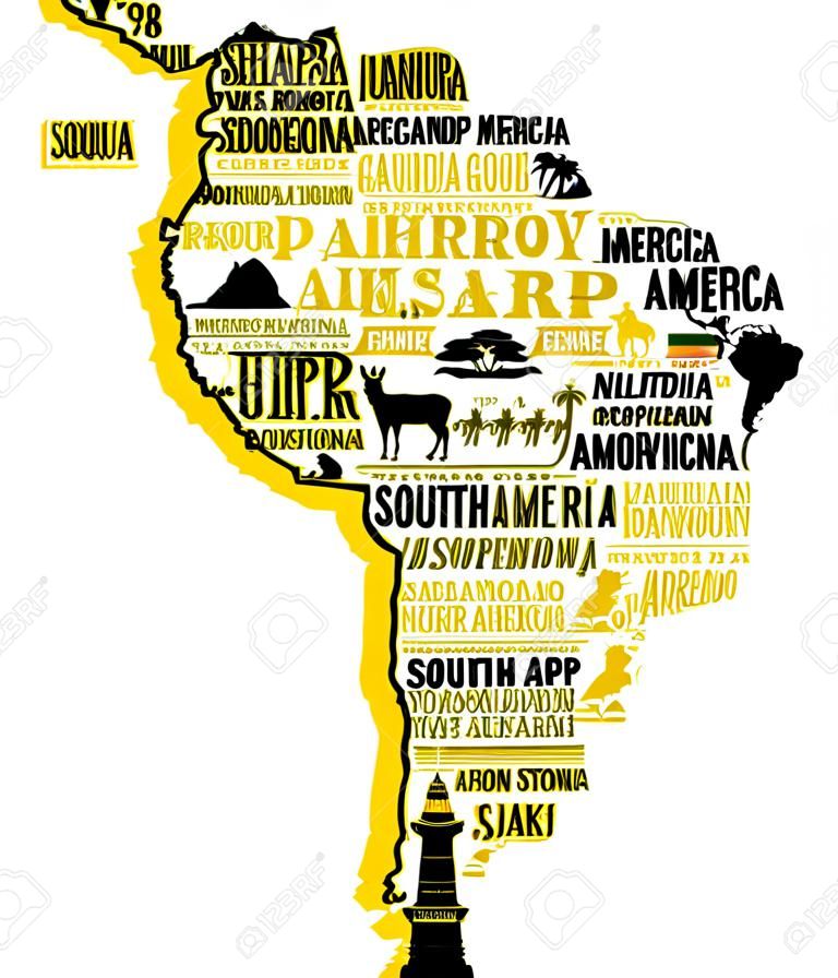 cartel de la tipografía. Mapa de América del Sur. guía de viaje de América del Sur.