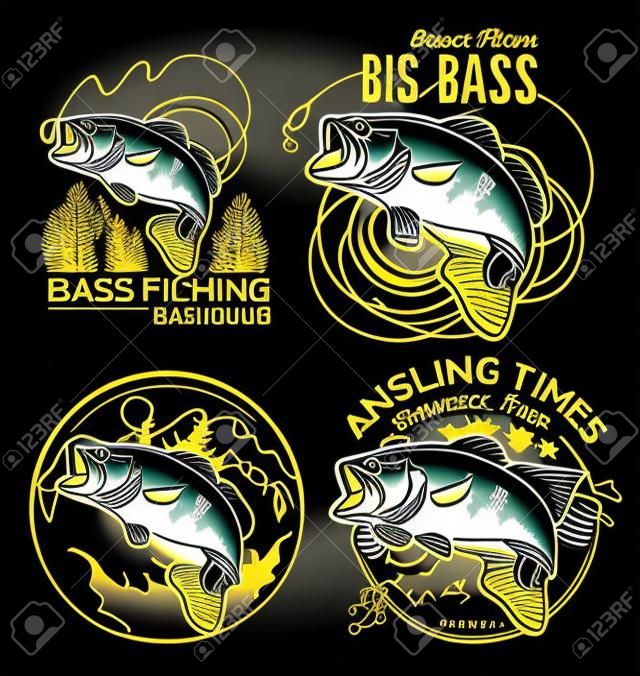 Bass Fishing emblem on black background. Vector illustration.