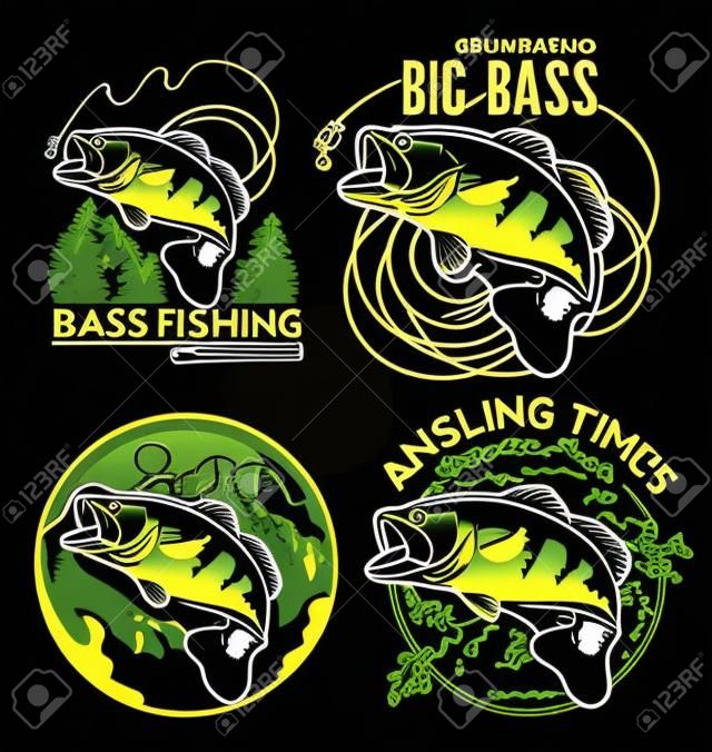 Bass halászati ​​embléma fekete háttéren. Vektoros illusztráció.