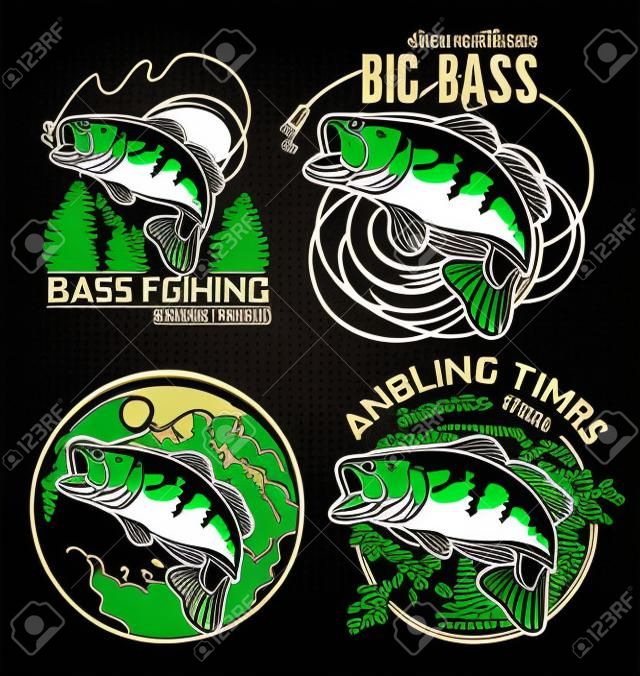 Bass Fishing emblem on black background. Vector illustration.