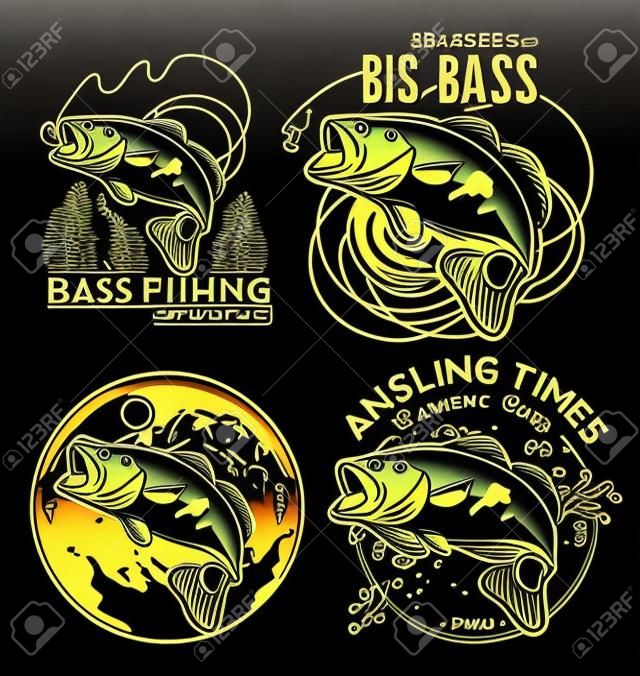 Bass halászati ​​embléma fekete háttéren. Vektoros illusztráció.