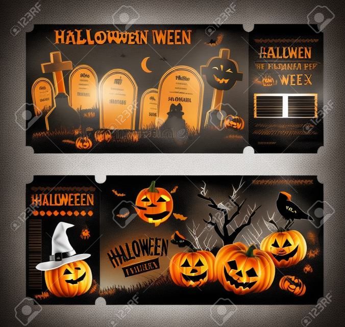 Halloween Tickets Template. Place for your text. Vector illustration with Halloween Vintage symbols. Great design for halloween party, menu or invitation.Vector Illustrations.