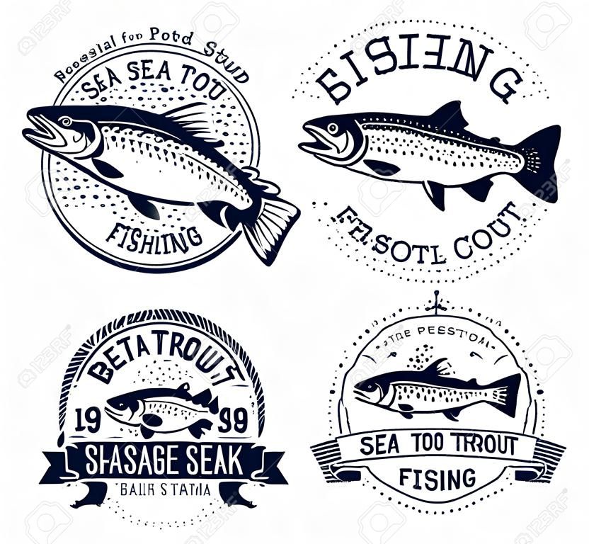 Emblemas de pesca de truta de mar vintage, rótulos e elementos de design.