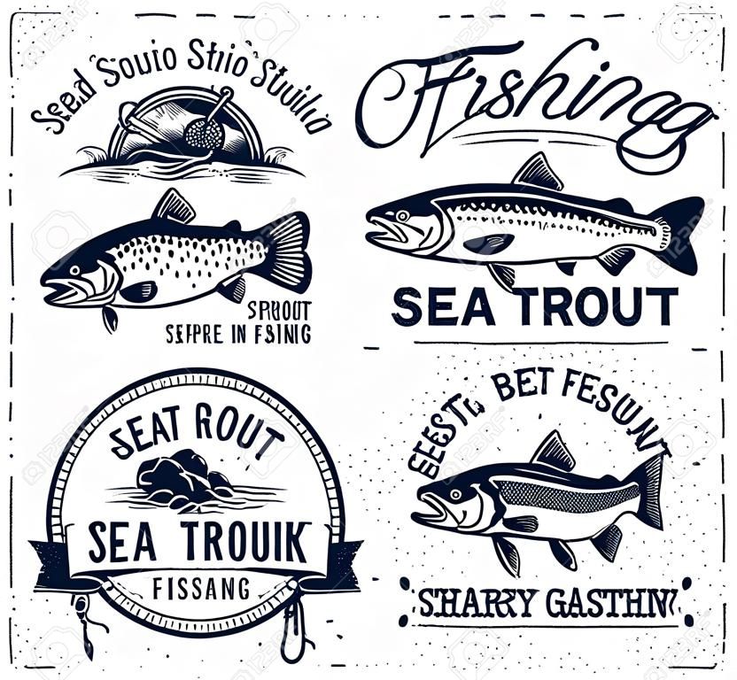 Emblemi di pesca alla trota di mare vintage, etichette ed elementi di design.