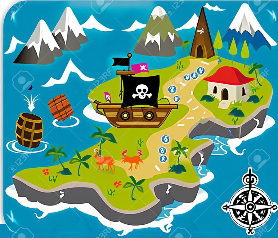 Trésor de carte de pirate de dessin animé, aventure de voyage