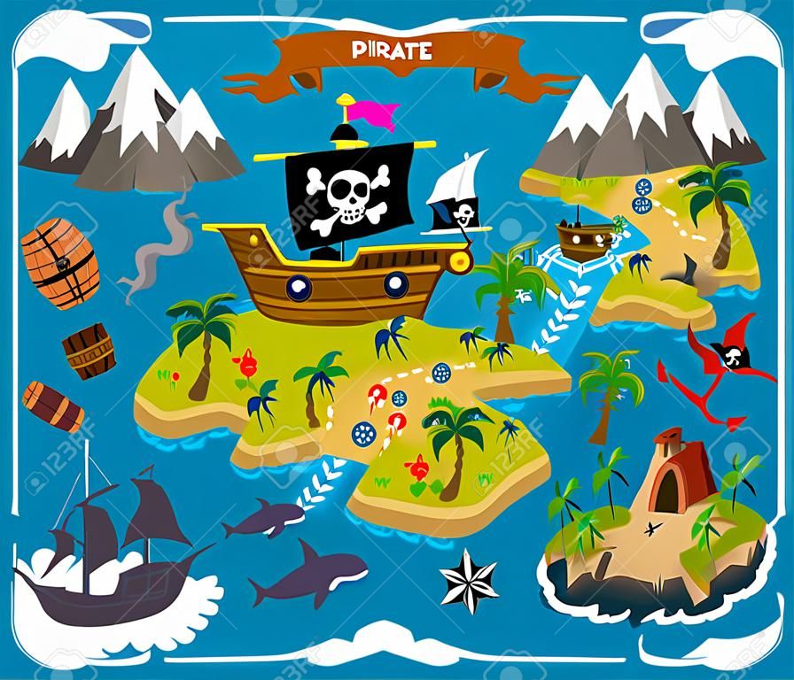 Dibujos animados pirata mapa tesoro, viaje aventura