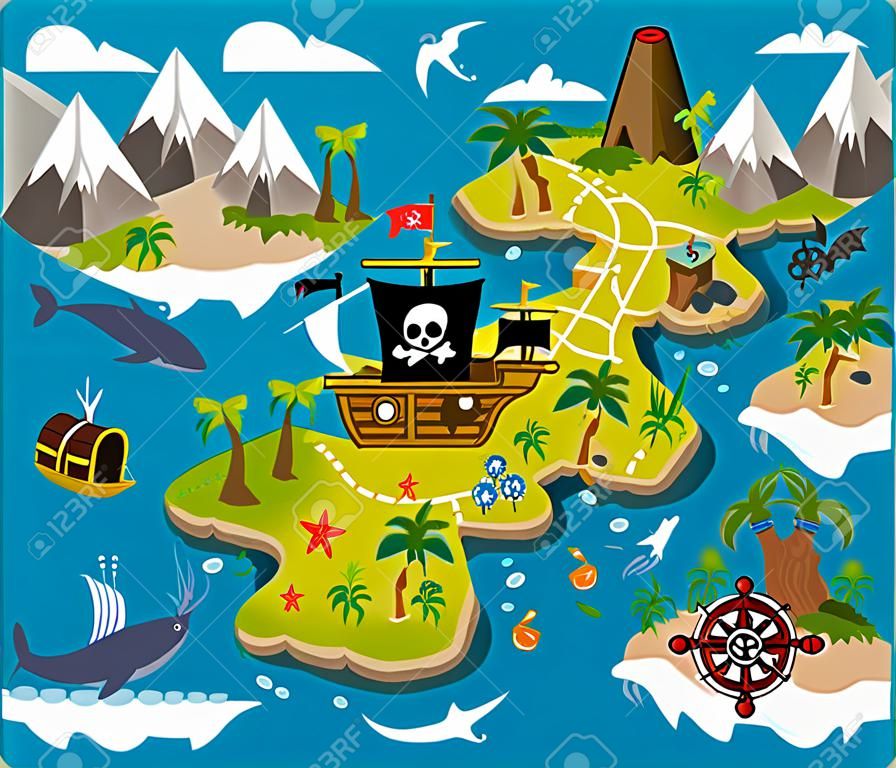 Dibujos animados pirata mapa tesoro, viaje aventura