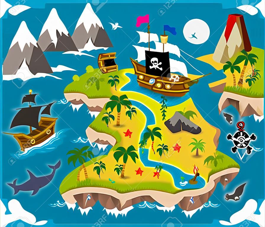 Cartoon Pirate Map Treasure, Travel Adventure
