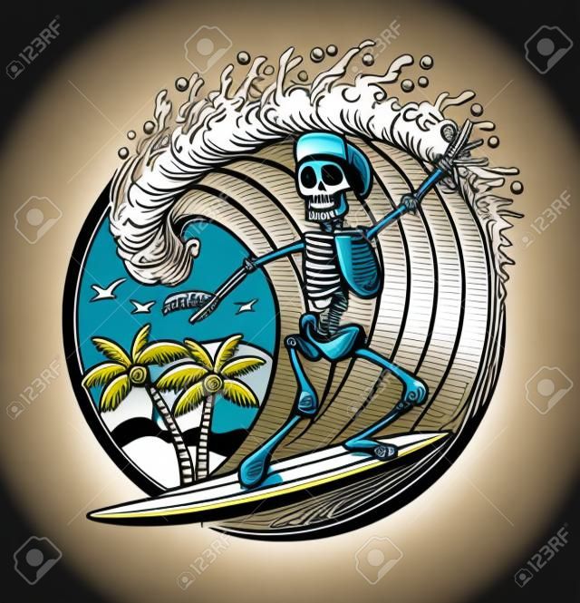 Disegni vettoriali di t-shirt da surf. Illustrazione di marchio di vettore con il surfista di scheletro. Emblema di surf vintage per il web design o la stampa. Modelli di logo surfista. Distintivo da surf. Elementi della tavola da surf.