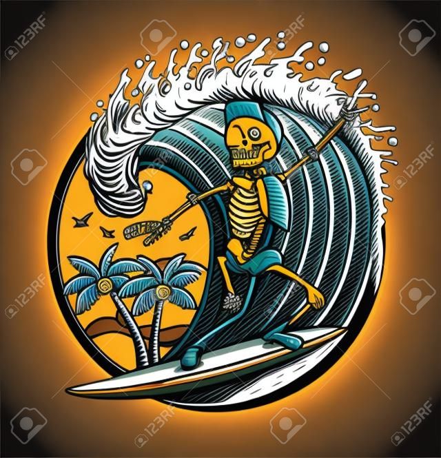 Surf T-shirt Vector Designs. Vector Logo Illustratie met Skeleton Surfer. Vintage Surf Emblem voor web design of print. Surf logo templates. Surf Badge. Surfboard elementen.