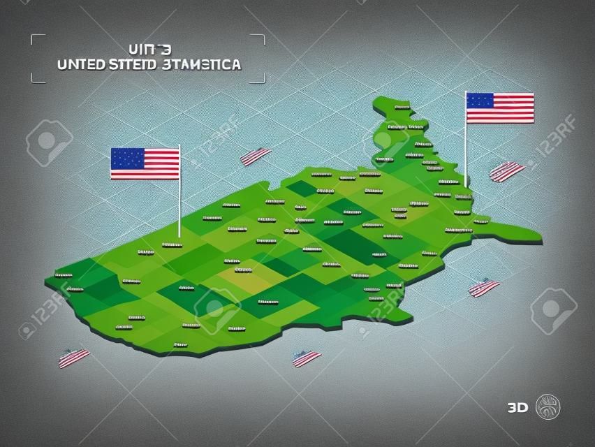 아이소메트릭 3D 미국 미국 지도입니다. 도시, 국경, 수도, 행정 구역 및 포인터 표시가 있는 양식화된 벡터 지도 그림; 그리드와 그라데이션 배경입니다.