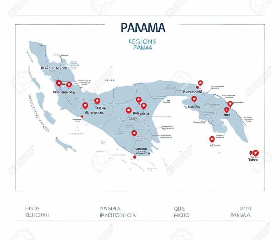 Mapa vetorial de Panamá. Modelo editável com regiões, cidades, pinos vermelhos e superfície azul no fundo branco.