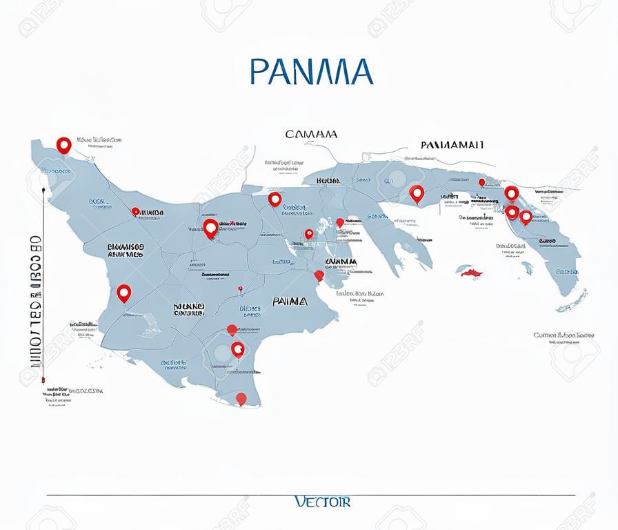Panama-Vektorkarte. Bearbeitbare Vorlage mit Regionen, Städten, roten Stecknadeln und blauer Fläche auf weißem Hintergrund.