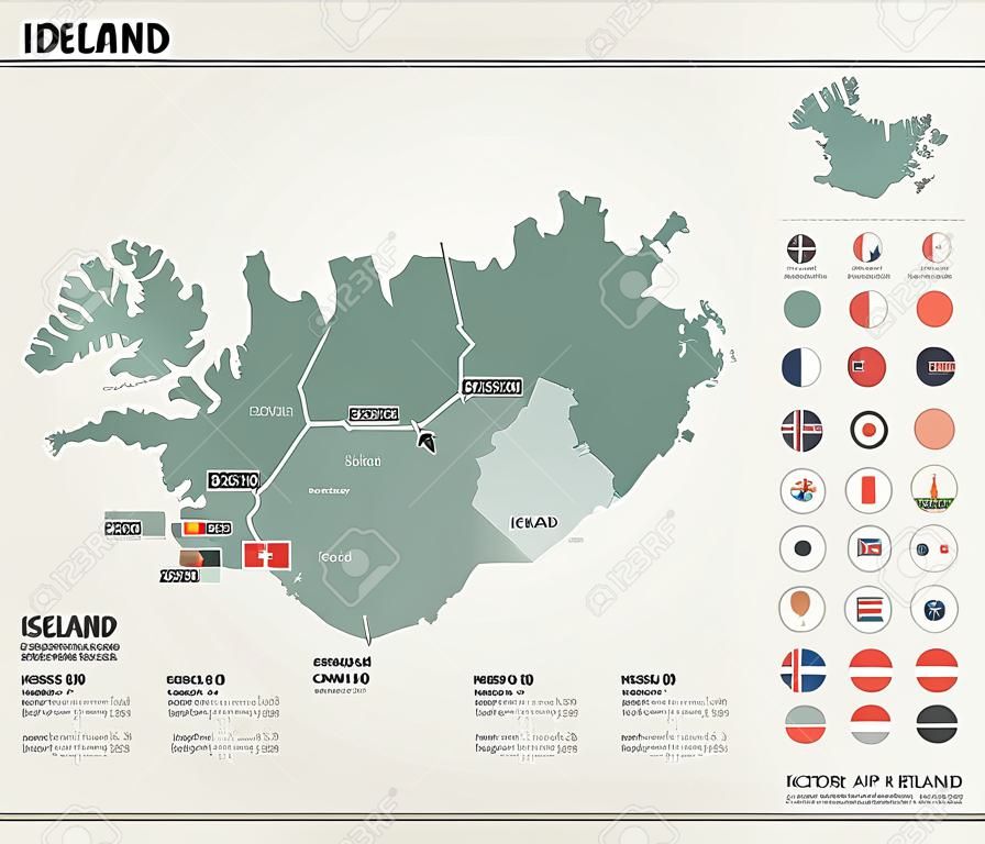 아이슬란드의 벡터 지도입니다. 부서, 도시 및 수도 레이캬비크가 있는 상세한 국가 지도. 정치지도, 세계지도, 인포 그래픽 요소.
