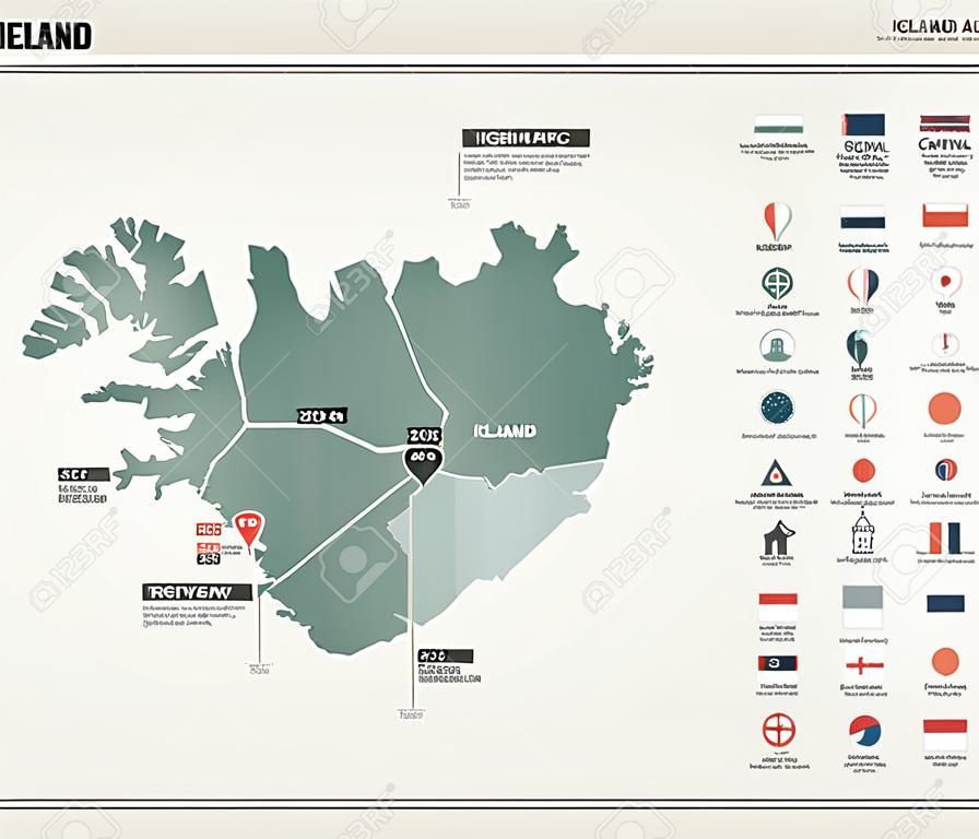 Wektorowa mapa Islandii. Szczegółowa mapa kraju z podziałem, miastami i stolicą Reykjaviku. Mapa polityczna, mapa świata, elementy infografiki.