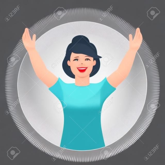 Young woman Jane celebrating goal achievement, victory. Concept of victory and success. Win, raised hands, hands up gesture. 3d vector people character illustration.