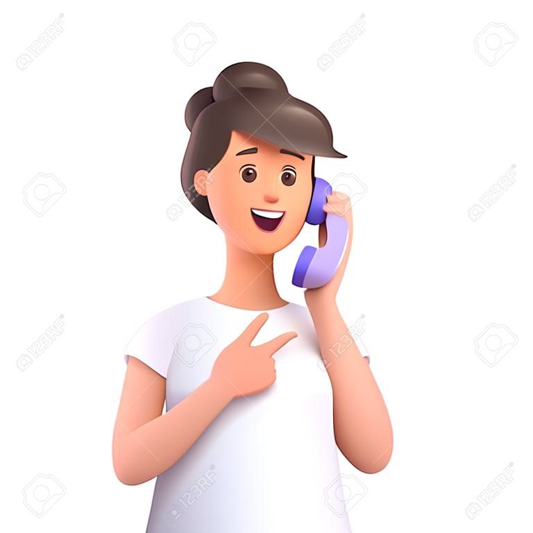 Young smiling woman Jane talking phone, calling by telephone. Communication, conversation, support concept. 3d vector people character illustration. Cartoon minimal style.