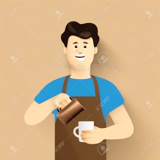앞치마를 입고 웃고 있는 젊은 남자 바리스타가 커피 머그잔에 우유를 휘저었다. 커피숍, 커피 타임, 테이크아웃 개념. 3d 벡터 사람 캐릭터 illustration.cartoon 최소한의 스타일.