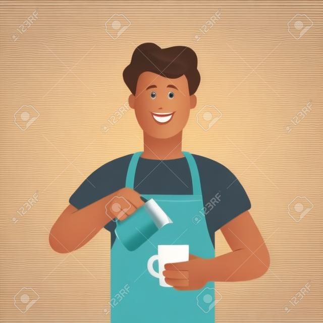 Giovane barista sorridente che indossa il grembiule in piedi latte montato nella tazza di caffè. Caffetteria, caffè e take away concept. Illustrazione del carattere della gente di vettore 3d. Stile minimale del fumetto.