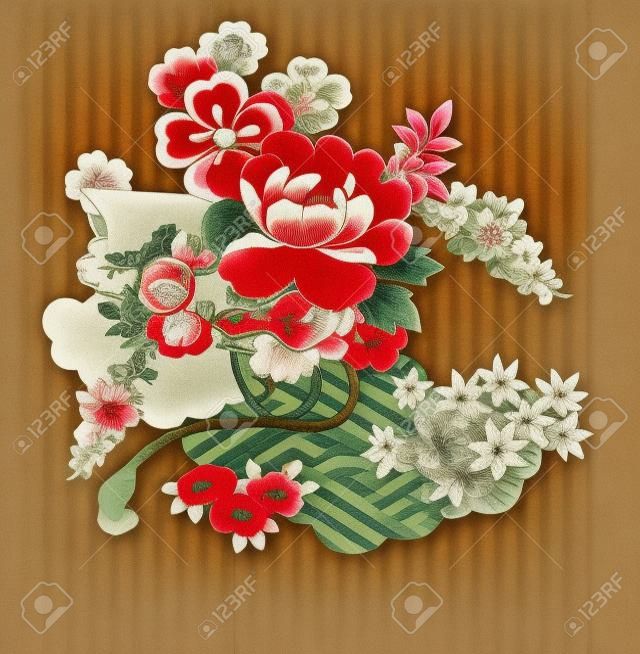 포도 수확 일본 기모노 디자인에서 꽃 몽타주.