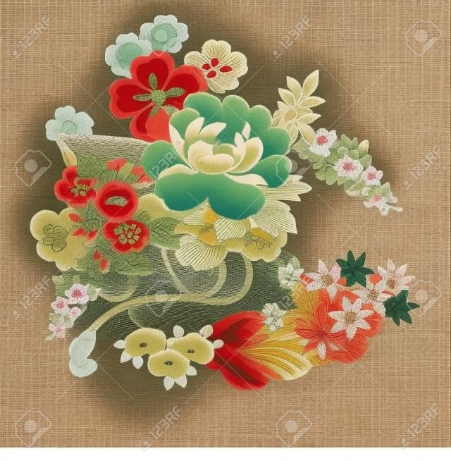 Floral montage z rocznika japońskich wzorów kimonowym.