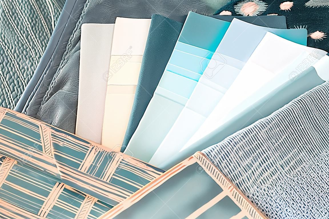 Teal interior decoration plan with fabric samples and paint swatches