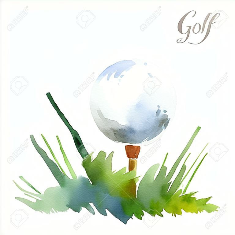 Ilustración de la acuarela en el tema del golf. Pelota en el pasto