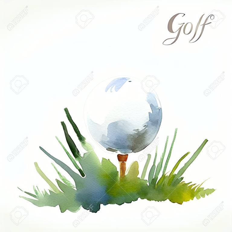 Акварель иллюстрации на тему игры в гольф. Мяч в траве