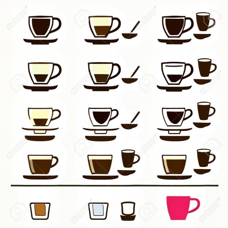 Information poster on the theme of different varieties of coffee drinks. Icons set.