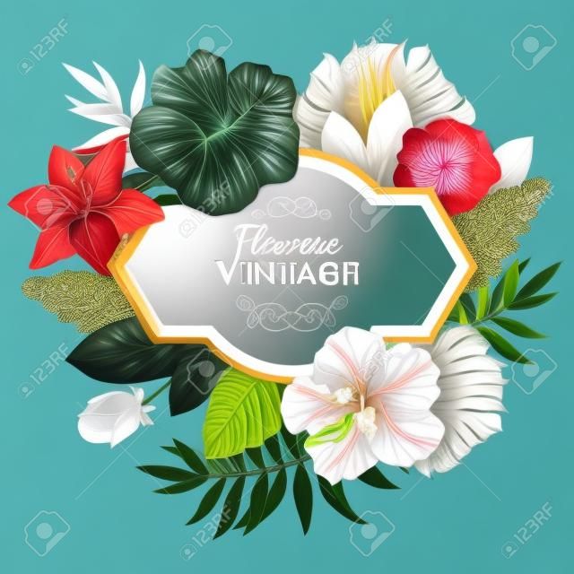 Beautiful bouquet and sign with tropical flowers and plants on white background. Composition with monstera and palm leaves, white lily chinese hibiscus.