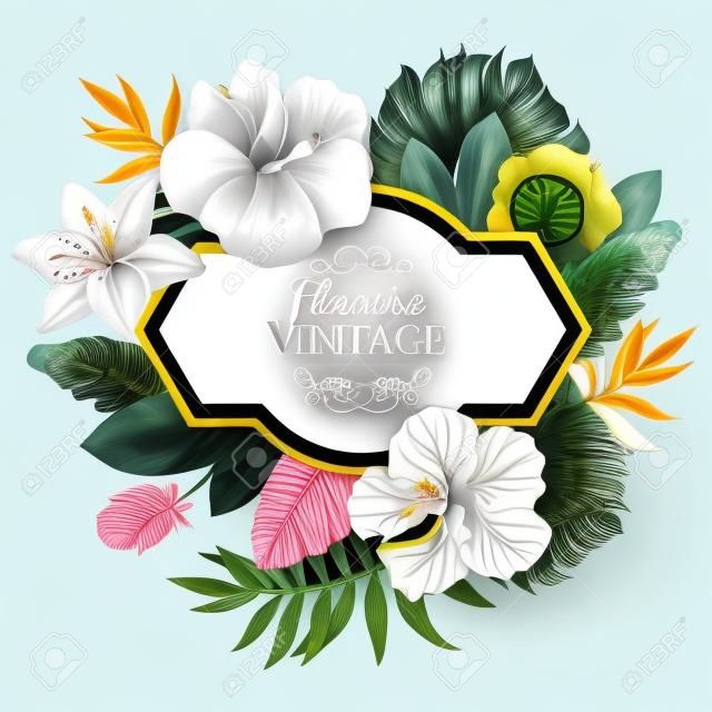 Beautiful bouquet and sign with tropical flowers and plants on white background. Composition with monstera and palm leaves, white lily chinese hibiscus.