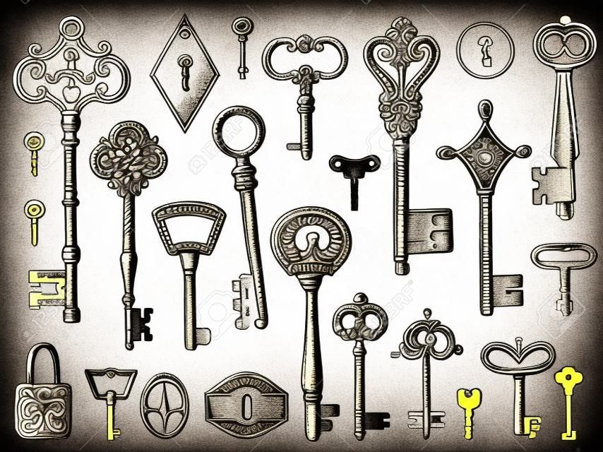 Vektorsatz von handgezeichneten antiken Schlüsseln. Illustration im Skizzenstil auf weißem Hintergrund. Altes Design