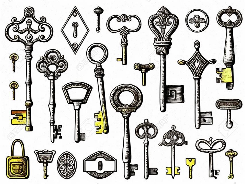 Conjunto de vetores de chaves antigas desenhadas à mão. Ilustração em estilo esboço no fundo branco. Design antigo