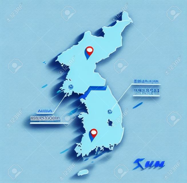 Korea map South North Separate blue white card paper 3D vector