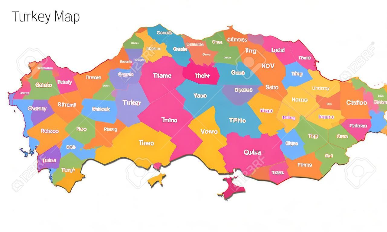 Mappa della Turchia, divisione amministrativa, singole regioni separate con nomi, mappa a colori isolata su sfondo bianco