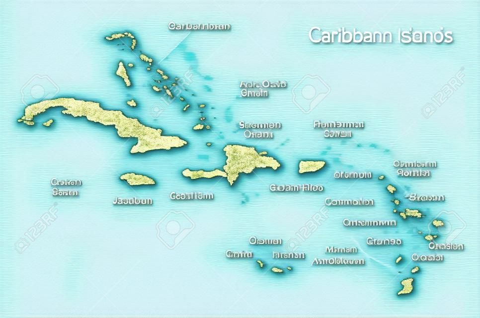 Caribbean islands map, island with names, color map isolated on white background vector