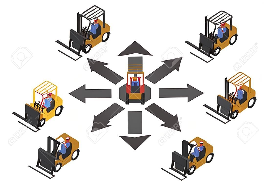 Rotation of the forklift by 45 degrees. Forklifts and drivers in isometric.