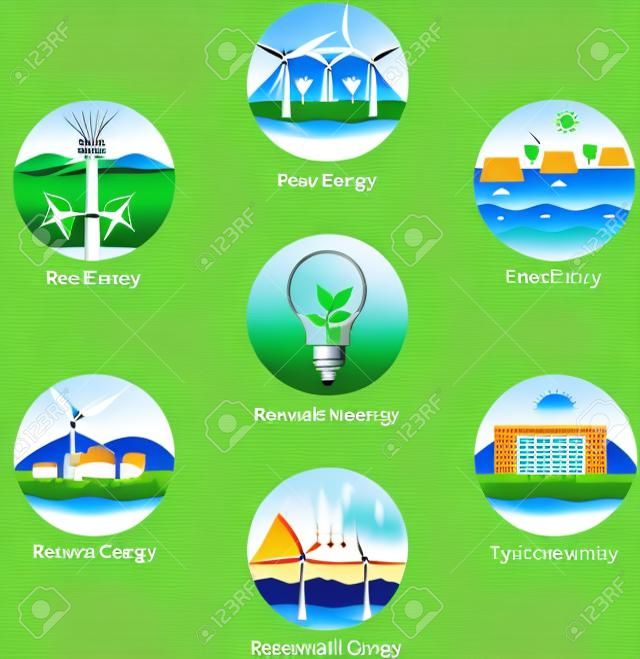 Возобновляемые виды энергии. набор иконок электростанции. Возобновляемые альтернативная солнечная энергия, энергия ветра, гидроэнергия, биотопливо, геотермальная, энергия приливов и отливов. Полезно для макета, баннер, веб-дизайн, статистики, шаблон брошюры, инфографики и презентаций. Зеленая энергия / Возобновляемая EnerG