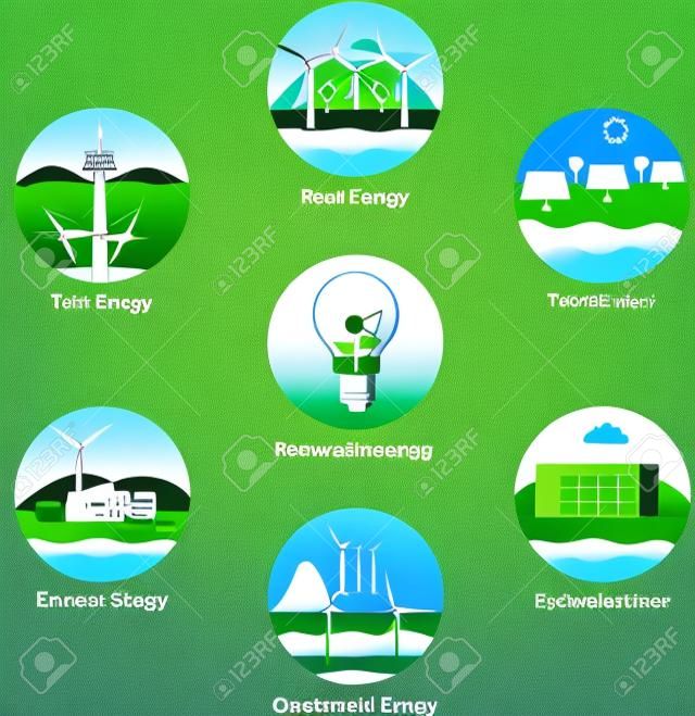 Tipos de energia renovável. Conjunto de ícones da usina. Energia alternativa renovável solar, eólica, hidrelétrica, biocombustível, geotérmica, energia de maré. til para layout, banner, web design, estatística, modelo de brochura, infográficos e apresentações. Energia verde / energia renovável