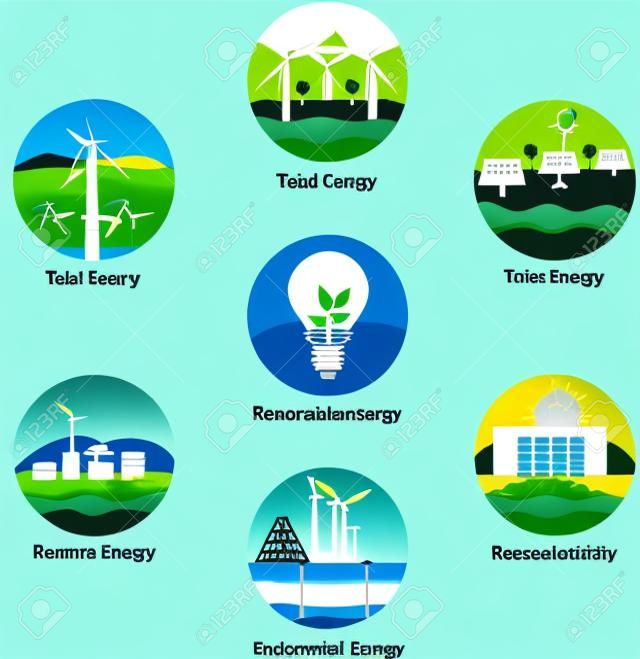 신 재생 에너지의 종류. 발전소 아이콘을 설정합니다. 신 재생 대체 태양열, 풍력, 수력, 바이오 연료, 지열, 조력 에너지. 레이아웃, 배너, 웹 디자인, 통계, 브로셔 템플릿, 인포 그래픽 및 프리젠 테이션에 유용합니다. 녹색 에너지 / 신 재생 energ